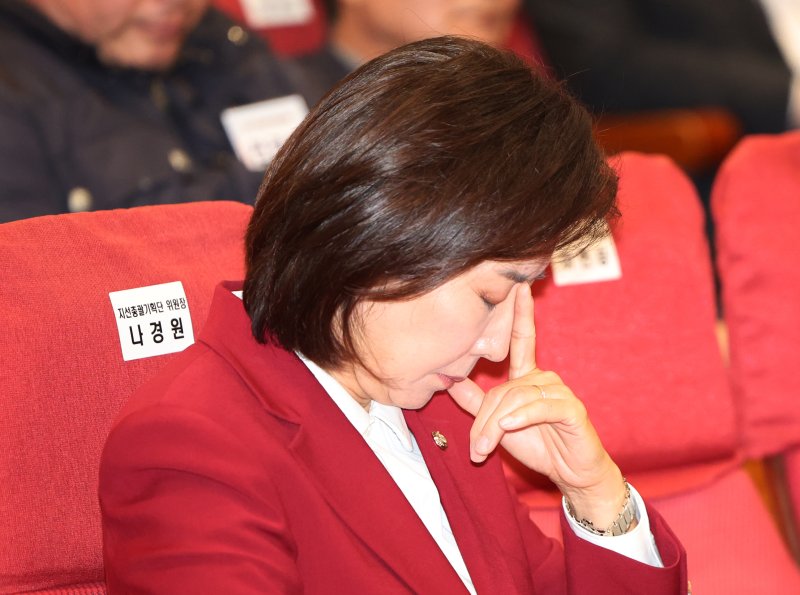 [서울=뉴시스] 김명년 기자 = 나경원 국민의힘 지방선거 총괄기획단 위원장이 27일 오후 서울 여의도 국회 의원회관에서 열린 전국 광역의원 및 강원도 기초의원 연수에서 생각에 잠겨 있다. 2025.10.27. kmn@newsis.com