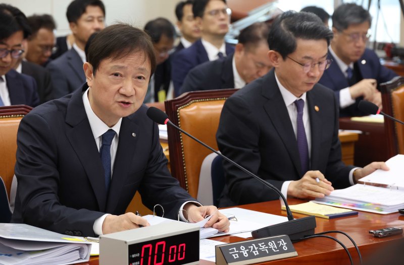 [서울=뉴시스] 조성봉 기자 = 이찬진 금융감독원장이 27일 오전 서울 여의도 국회 정무위원회에서 열린 국정감사에서 의원 질의에 답변하고 있다. 2025.10.27. suncho21@newsis.com