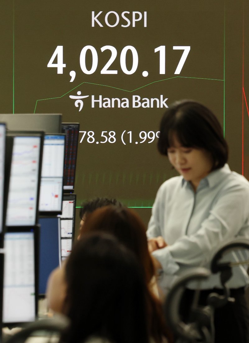 [서울=뉴시스] 이영환 기자 = 코스피가 전 거래일(3941.59)보다 58.20포인트(1.48%) 오른 3999.79에 개장한 27일 서울 중구 하나은행 딜링룸 전광판에 지수가 표시되고 있다.코스닥 지수는 전 거래일(883.08)보다 7.15포인트(0.81%) 상승한 890.23, 서울 외환시장에서 원·달러 환율은 전 거래일 주간거래 종가(1437.1원)보다 0.4원 내린 1436.7원에 출발했다. 2025.10.27 20hwan@newsis.com