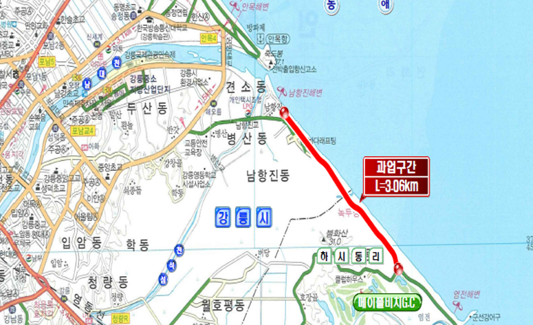 강릉시가 추진하고 있는 동해안 바닷가 경관도로 조성사업 남항진~안인 구간 위치도. 강릉시 제공