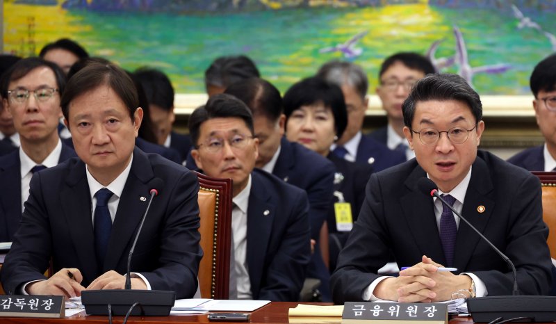 이억원 금융위원회 위원장(오른쪽)과 이찬진 금융감독원 원장이 27일 오전 서울 여의도 국회 정무위원회에서 열린 국정감사에서 의원 질의에 답변하고 있다. 뉴시스