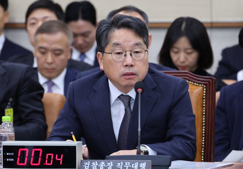 [서울=뉴시스] 김금보 기자 = 노만석 검찰총장 직무대행이 27일 오후 서울 여의도 국회에서 열린 법제사법위원회의 대검찰청에대한 국정감사에서 질의에 답하고 있다. 2025.10.27. kgb@newsis.com