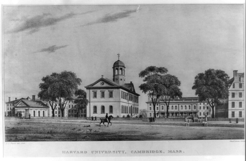 설립 초창기의 하버드 대학교 (출처: Popular Graphic Arts, Public domain, via Wikimedia Commons)
