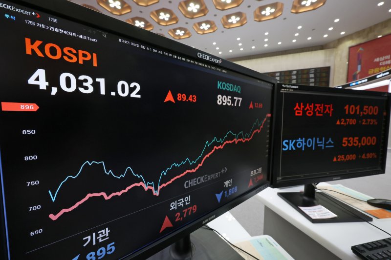 [서울=뉴시스] 조성우 기자 = 코스피가 사상 최초로 장중 4000선을 돌파한 27일 오전 서울 영등포구 한국거래소 서울사무소 홍보관에 삼성전자와 SK하이닉스 지수가 표시되고 있다.코스피는 전 거래일(3941.59)보다 58.20포인트(1.48%) 오른 3999.79에 개장했다. 코스닥 지수는 전 거래일(883.08)보다 7.15포인트(0.81%) 상승한 890.23에 거래를 시작했다. 원·달러 환율은 전 거래일 주간거래 종가(1437.1원)보다 0.4원 내린 1436.7원에 출발했다. 2025.10.27. xconfind@news