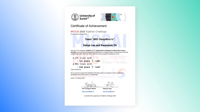[서울=뉴시스] 의료 인공지능(AI) 전문기업 딥노이드는 글로벌 의료영상 AI 대회 '탑브레인 챌린지(TopBrain Challenge)'에서 컴퓨터단층혈관조형술(CTA) 부문 1위, 자기공명혈관조영술(MRA) 부문 2위를 차지했다고 28일 밝혔다 (사진=딥노이드 제공) 2025.10.28. photo@newsis.com *재판매 및 DB 금지