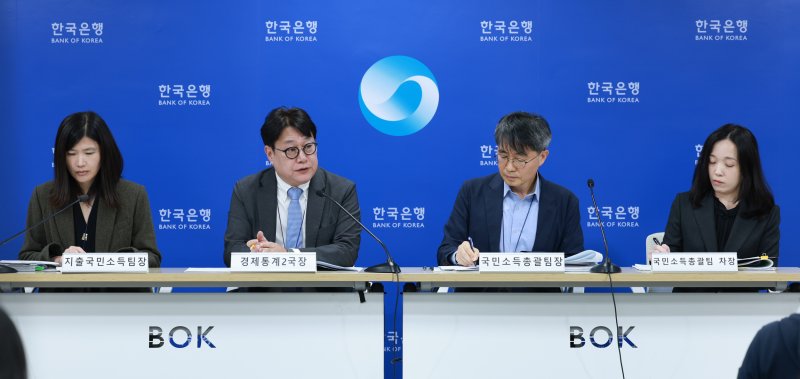 28일 오전 서울 중구 한국은행에서 열린 2025년 3/4분기 실질 국내총생산(속보) 기자설명회. 사진 왼쪽부터 이현영 지출국민소득팀장, 이동원 경제통계2국장, 박창현 국민소득총괄팀장, 김선임 국민소득총괄팀 차장(사진제공=한국은행) *재판매 및 DB 금지