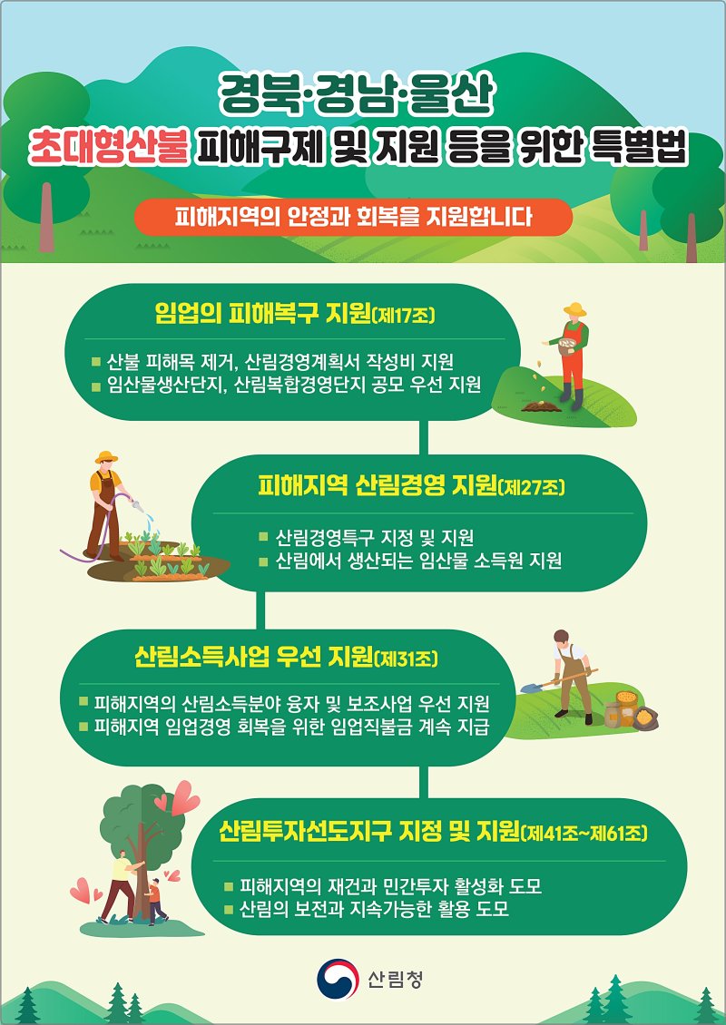 [대전=뉴시스] 산림청이 경북·경남·울산 초대형산불 피해구제 및 지원 등을 위한 특별법 시행에 따라 피해지역 산림복원 및 임가 지원에 속도를 낸다.(사진=산림청 제공) *재판매 및 DB 금지