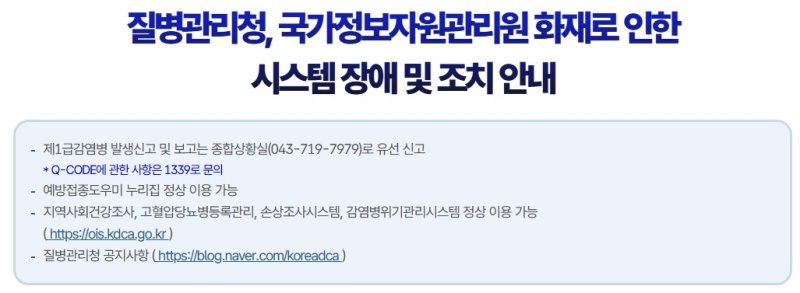 화재로 중단됐던 질병청 방역통합정보시스템 등 운영 재개 (출처=연합뉴스)