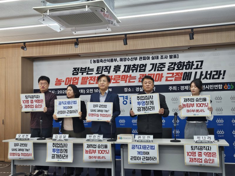 [서울=뉴시스] 조수원 기자 = 경제정의실천시민연합(경실련)이 28일 오전 서울 종로구 경실련 강당에서 '농림축산식품부·해양수산부의 퇴직공직자 재취업심사 현황' 기자회견에 앞서 손피켓을 들고 구호를 외치고 있다. 2025.10.28. tide1@newsis.com *재판매 및 DB 금지 *재판매 및 DB 금지