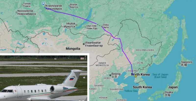 미국의 북한 전문 매체 NK뉴스는 27일 비행추적 사이트 '플라이트레이더24' 데이터를 인용해, 등록번호 RA-67147의 봄바디어 챌린저 605 비즈니스 제트기가 지난 23일 모스크바 브누코보 공항을 출발, 시베리아 크라스노야르스크를 경유해 24일 평양 순안국제공항에 착륙했다고 보도했다.(NK뉴스 갈무리).