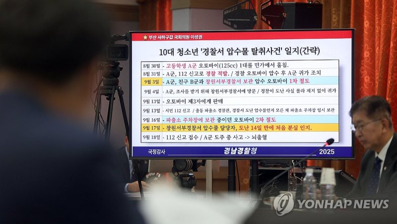 국감에 등장한 경찰서 압수물 탈취사건 일지 (출처=연합뉴스)