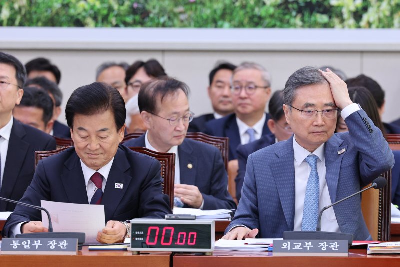 정동영 통일부 장관과 조현 외교부 장관이 28일 서울 여의도 국회 외교통일위원회에서 열린 외교부·통일부 등에 대한 종합감사에서 생각에 잠겨 있다. 2025.10.28/뉴스1 ⓒ News1 신웅수 기자