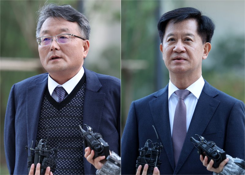 [서울=뉴시스] 조성우 기자 = 김건희 여사 의혹을 수사하는 민중기 특별검사팀에 새로 임명된 김경호(왼쪽), 박노수 신임 특검보가 27일 오전 서울 종로구 KT광화문빌딩 웨스트에 마련된 특검 사무실에 출근하며 발언하고 있다. 2025.10.27. xconfind@newsis.com