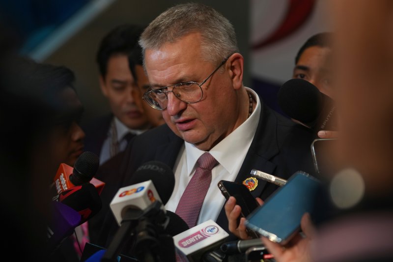 Russia's Deputy Prime Minister Alexey Overchuk speaks to journalists during the press conference on the sidelines the of Southeast Asian Nations (ASEAN) Summit in Kuala Lumpur, Malaysia, Monday, Oct. 27, 2025. (AP Photo/Rafiq Maqbool)