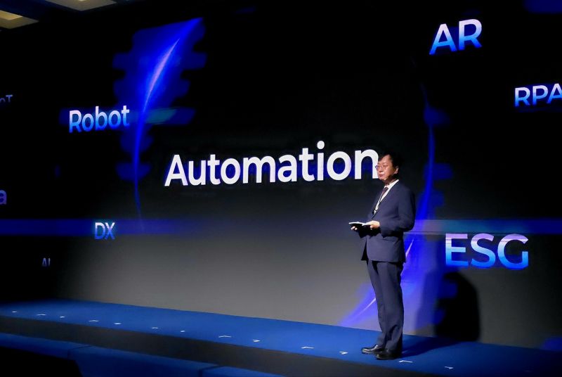 29일 삼성거제호텔에서 최성안 삼성중공업 대표이사 부회장이 설계 생산자동화 비전을 설명하고 있다. 삼성중공업 제공