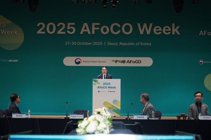 김인호 산림청장이 29일 서울 상암DMC에서 열린 제13차 아시아산림협력기구(AFoCO) 총회에서 ‘아시아 산불역량 강화사업’ 출범식에 참석해 인사말을 하고 있다. (산림청 제공.재판매 및 DB금지)/뉴스1
