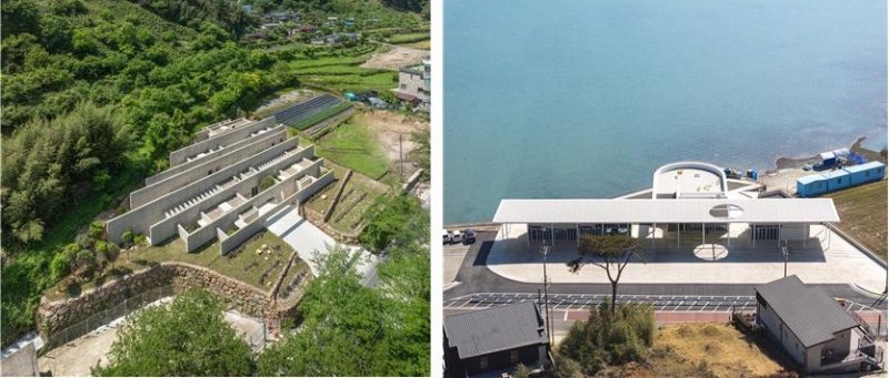 [창원=뉴시스]'제16회 경상남도 건축상' 최우수상 건축물로 선정된 하동군 화개면 ‘벽·선·들(왼쪽)’, 우수상 남해군 창선면 ‘남해 로컬푸드 직매장’. (사진=경남도 제공) 2025.10.29. photo@newsis.com