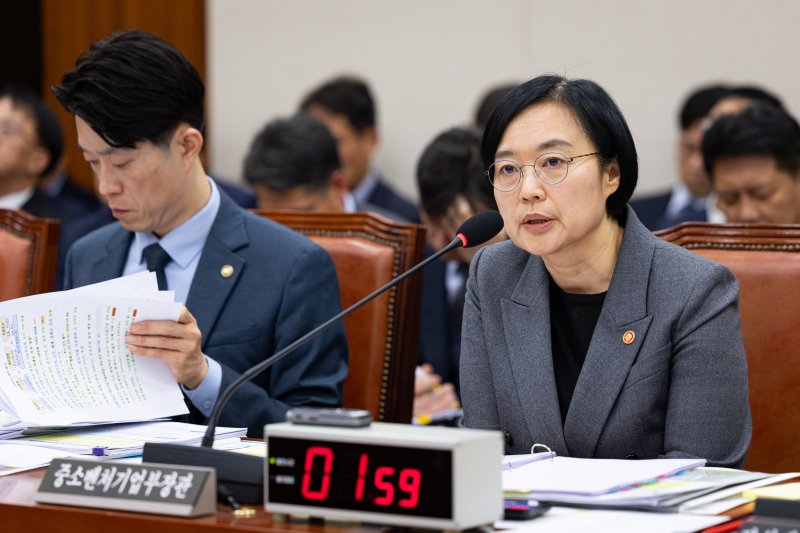한성숙 중소벤처기업부 장관이 29일 서울 여의도 국회에서 열린 산업통상자원중소벤처기업위원회의 중소벤처기업부 등에 대한 국정감사에서 의원 질의에 답하고 있다. 2025.10.29/뉴스1 ⓒ News1 유승관 기자
