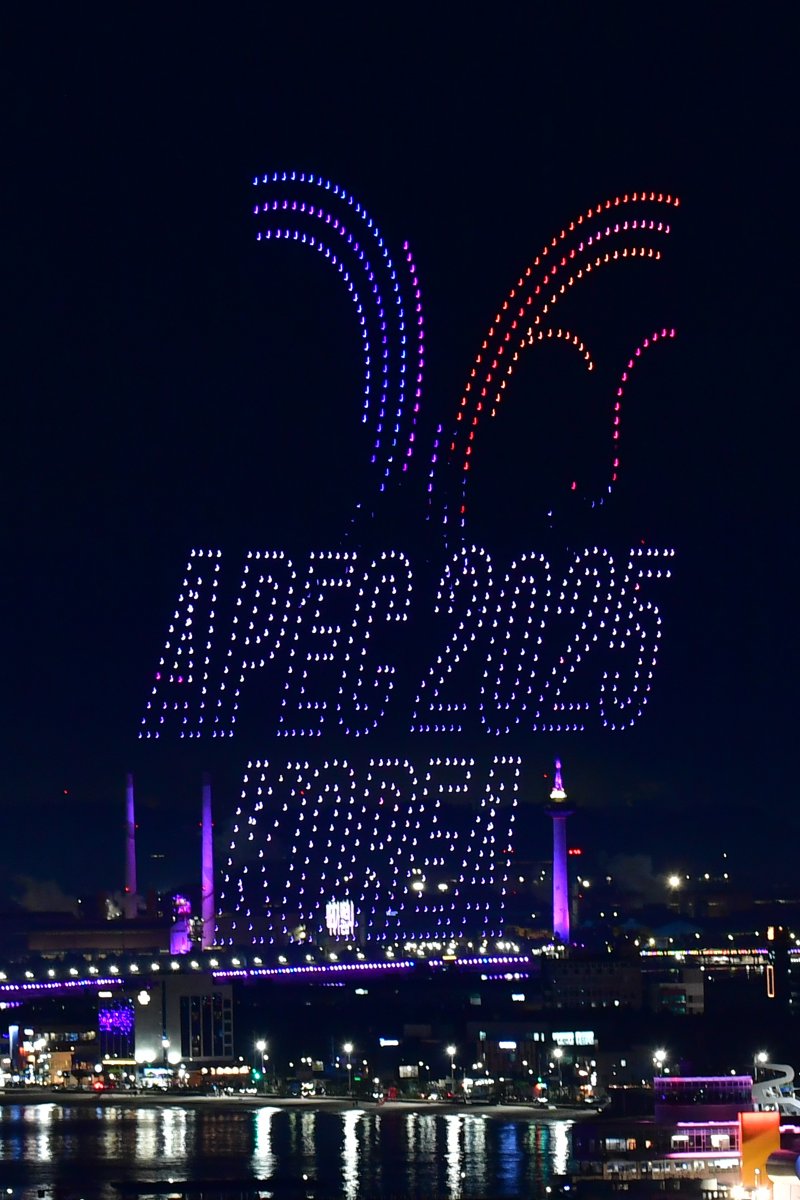 29일 APEC 2025 정상회의 성공 개최를 기원하는 드론 아트 쇼와 불꽃쇼가 경북 포항시 영일대해수욕장에서 펼쳐지고 있다. 2025.10.29/뉴스1 ⓒ News1 최창호 기자