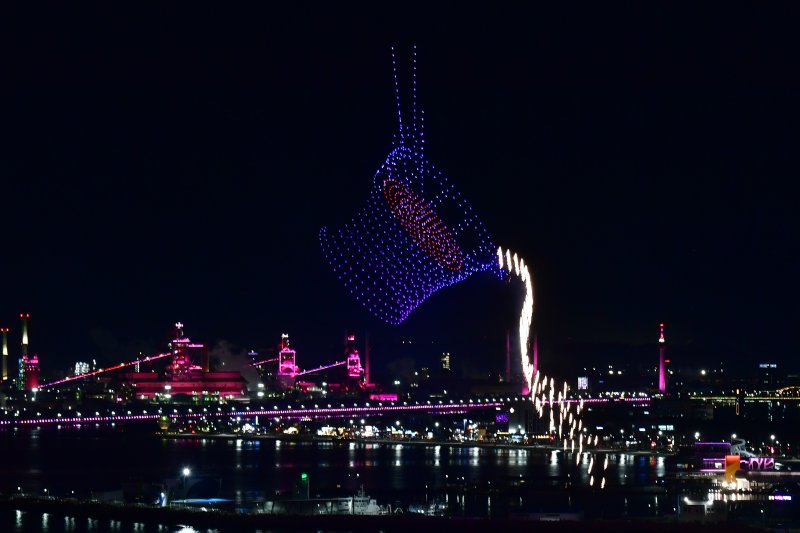 29일 경북 포항시 영일대해수욕장에서 APEC 2025 정상회의 성공 개최를 기원하는 드론 아트 쇼와 불꽃쇼가 펼쳐지고 있다. 2025.10.29/뉴스1 ⓒ News1 최창호 기자