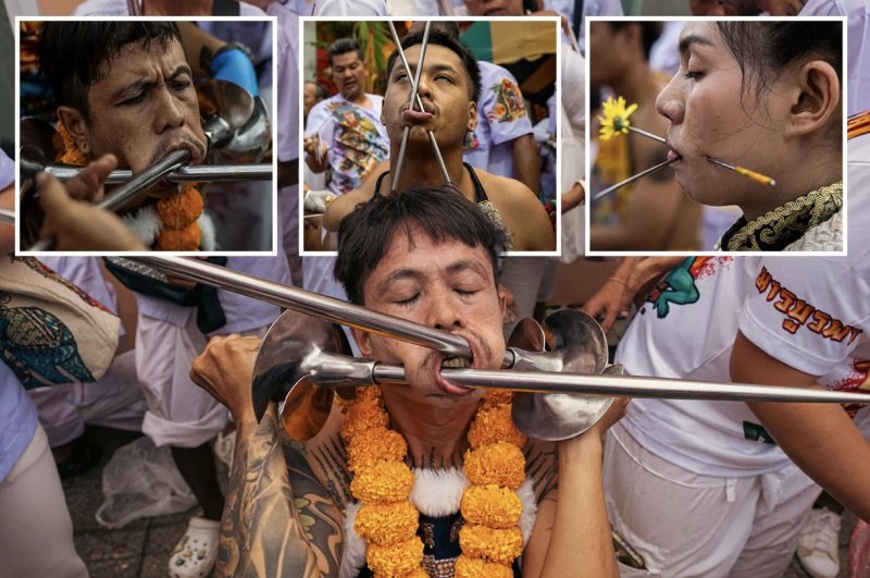 [뉴시스] 태국 푸껫 채식 축제에서 각종 꼬챙이로 얼굴을 뚫는 기괴한 수행이 화제다. (사진=더선) 2025.10.27