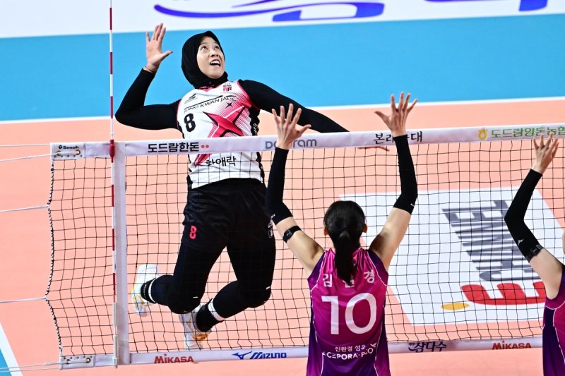 스파이크하는 정관장의 메가(왼쪽) (출처=연합뉴스)