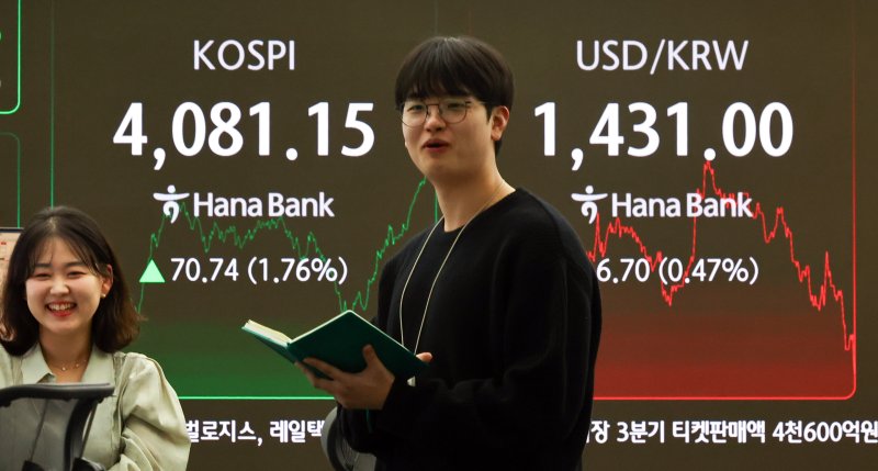[서울=뉴시스] 최진석 기자 = 코스피가 전 거래일(4010.41)보다 70.74포인트(1.76%%) 오른 4081.15에 마감한 29일 서울 중구 하나은행 딜링룸에 종가가 보이고 있다. 코스닥 지수는 전 거래일(903.30)보다 1.71포인트(0.19%) 내린 901.59에 거래를 마치고, 서울 외환시장에서 원·달러 환율은 전 거래일 주간거래 종가(1437.7원)보다 6.0원 내린 1431.7에 마감했다. 2025.10.29. myjs@newsis.com