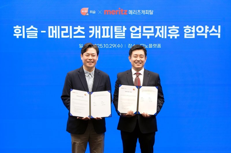 정해준 모노플랫폼 대표(왼쪽)와 박상호 메리츠캐피탈 영업본부장이 기념사진을 촬영하고 있다.(모노플랫폼 제공)