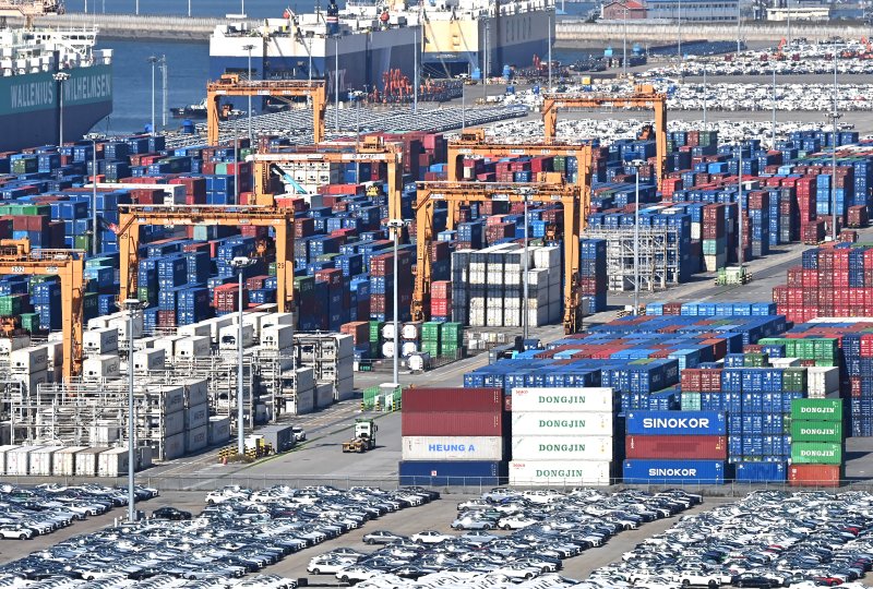 [평택=뉴시스] 김종택 기자 = 경기 평택항에 수출입 컨테이너가 쌓여 있는 모습. 2025.10.28. jtk@newsis.com