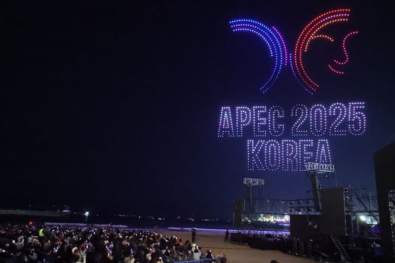 1000대의 드론 군집 비행으로 펼쳐진 축제의 하이라이트 '드론 아트쇼'는 APEC 개최 기념 문구를 하늘 위에 그리며 장관을 연출했다. 포항시 제공