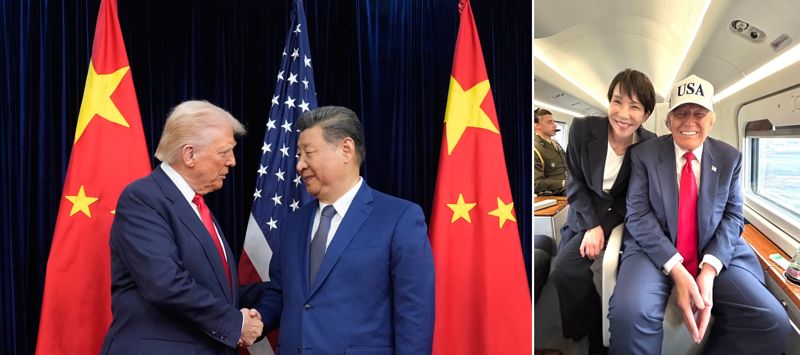 도널드 트럼프 미국 대통령과 시진핑 중국 국가주석이 30일 부산 김해국제공항 공군기지 나래마루에서 회담에 앞서 악수하고 있다. 오른쪽 사진은 다카이치 사나에 일본 총리와 트럼프 대통령이 지난 28일 마린원(미 대통령 전용 헬기)을 타고 미 해군 요코스카 기지로 이동하는 모습. /사진=뉴시스·뉴스1