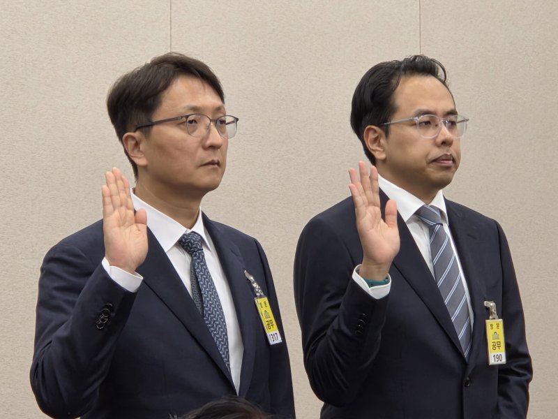 박대준 쿠팡 대표(왼쪽)와 김범석 우아한형제들 대표가 14일 오후 국회 산자중기위에서 열린 중기부 국정감사에 출석해 증인 선서를 하고 있다. 2025.10.14/뉴스1 ⓒ 뉴스1 장시온 기자 ⓒ News1 장시온 기자