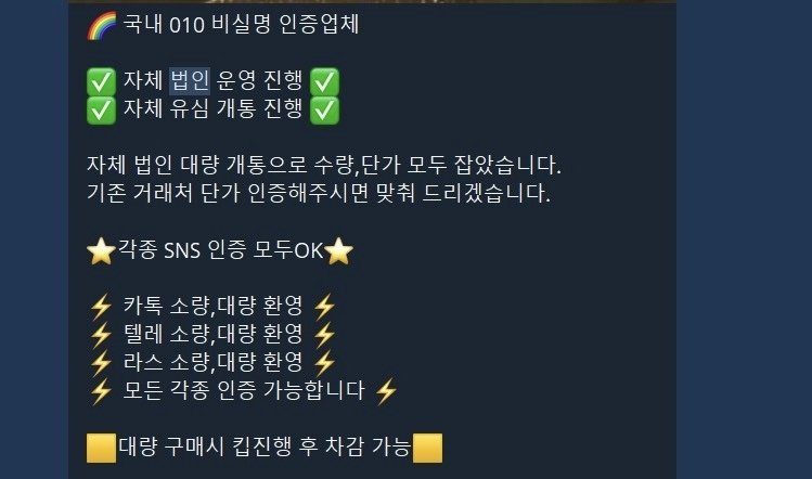 30일 한 텔레그램 채널에 올라온 '자체 법인 운영'을 한다며 각종 계정 판매를 홍보하는 메시지./텔레그램 캡처