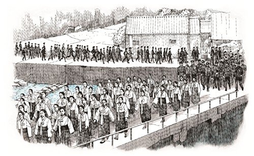 양림교를 건너는 시위대열 펜 일러스트(영화 '이름없는 별들') (출처=연합뉴스)