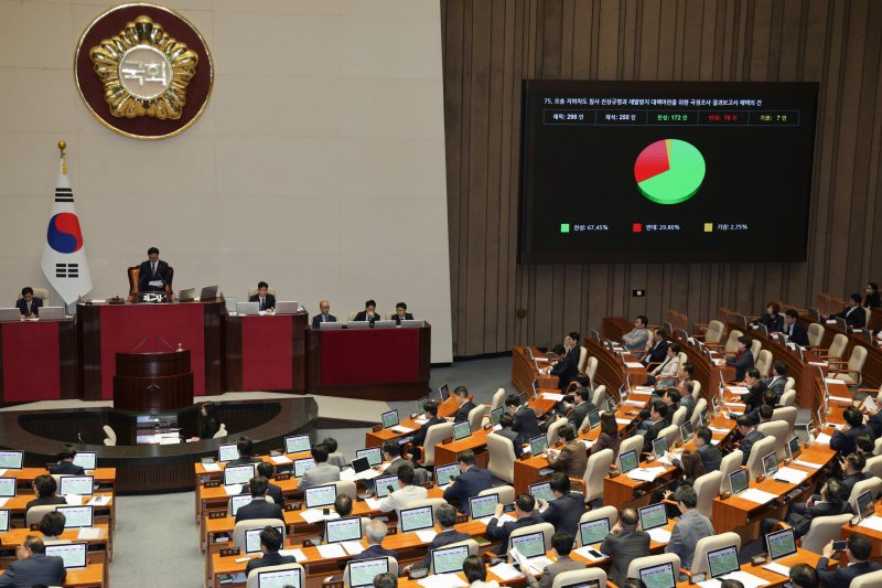 지난 26일 서울 여의도 국회에서 열린 제 429회 국회(정기회) 제10차 본회의에서 오송 지하차도 참사 진상규명과 재발방지 대책마련을 위한 국정조사 결과보고서 채택의 건이 가결되고 있다. 2025.10.26/뉴스1 ⓒ News1 신웅수 기자