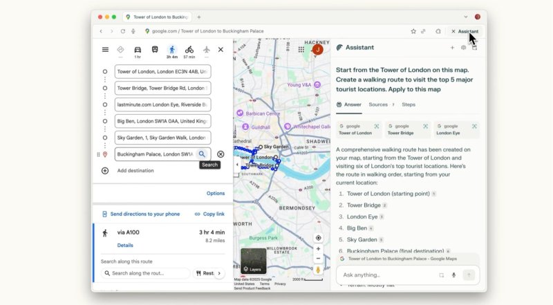 [서울=뉴시스] 퍼플렉시티는 9일(현지 시간) AI 기반 웹 브라우저 '코멧'을 출시했다. AI 에이전트 '코멧 어시스턴트'가 이용자 요청에 영국 런던 여행 경로를 자동 설계하는 모습 (사진=퍼플렉시티 유튜브 캡처) *재판매 및 DB 금지
