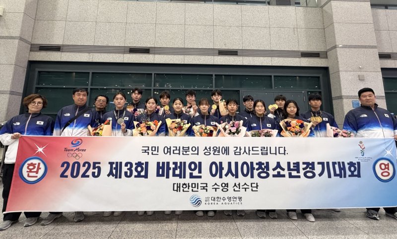 아시아청소년경기대회를 마치고 귀국한 한국 수영 선수단. (출처=연합뉴스)