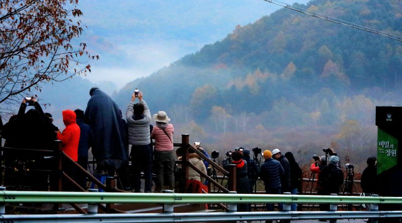 2일 새벽 인제군 남면 갑둔리 비밀의 정원(시크릿 가든) 일대에 모인 전국의 사진작가들이 안개와 단풍이 어우러져 장관을 이룬 풍경을 사진에 담고 있다.(인제군 제공. 재판매 및 DB금지) 2025.11.2/뉴스1 ⓒ News1 이종재 기자