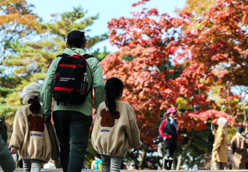 기온이 뚝 떨어진 2일 오후 서울 중구 남산을 찾은 시민과 관광객들이 가을의 정취를 느끼고 있다. 2025.11.2/뉴스1 ⓒ News1 김진환 기자