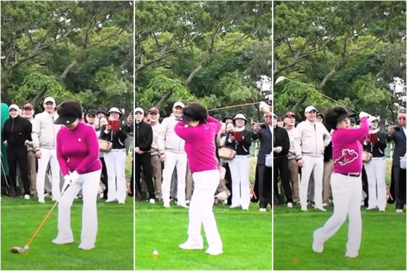 [서울=뉴시스] 올해 93세인 이길여 가천대학교 총장의 자선 골프 대회 시타 영상이 공개되며 온라인에서 화제를 모으고 있다. (사진 = '가천대학교' 유튜브 갈무리) 2025.11.02. *재판매 및 DB 금지