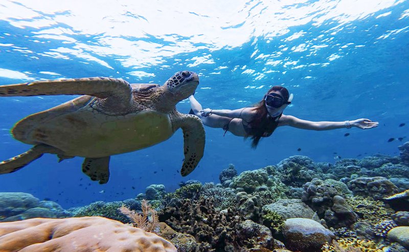 29일(현지시간) 인도네시아 마나도 부나켄 해양국립공원에서 이스타항공의 인천-마나도 첫 편을 통해 도착한 관광객들이 프리다이빙을 하고 있다. 2025.10.29/뉴스1 ⓒ News1 안은나 기자