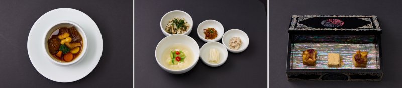 31일 경북 경주에서 열린 APEC 정상회의 환영 만찬 메뉴. 왼쪽부터 완도산 전복과 조랭이떡을 곁들인 경주 천년 한우 갈비찜, 경주 곤달비나물 비빔밥과 경주콩 순두부탕과 3종 반찬, 구운 잣 파이와 된장 캐러멜 인절미. (대통령실 제공. 재판매 및 DB 금지) 2025.10.31/뉴스1 ⓒ News1 허경 기자