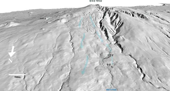 [제주=뉴시스] 한라산 관음사 탐방코스 인근에 분포하는 구린굴과 평굴 위치도. (사진=제주도 세계유산본부 제공) photo@newsis.com *재판매 및 DB 금지