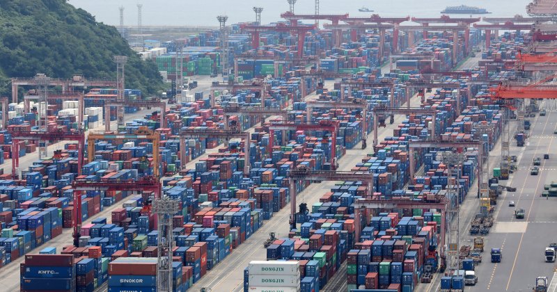 부산항 신선대부두 야적장에 컨테이너가 가득 쌓여 있는 모습. ⓒ News1 윤일지 기자