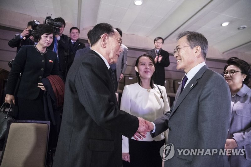 문재인 전 대통령과 악수하는 김영남 (출처=연합뉴스)