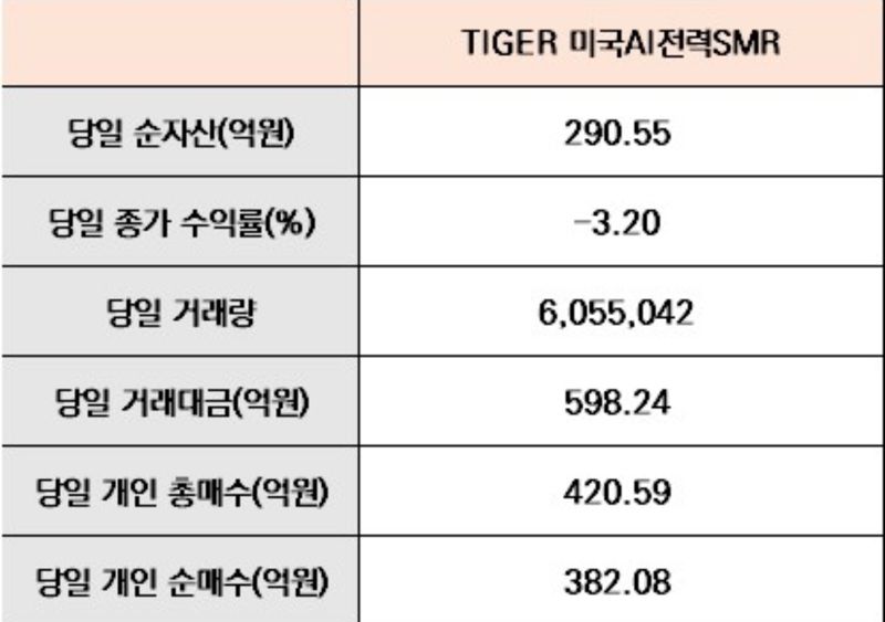 TIGER 미국AI전력SMR ETF, 개인 순매수 382억 몰려 완판