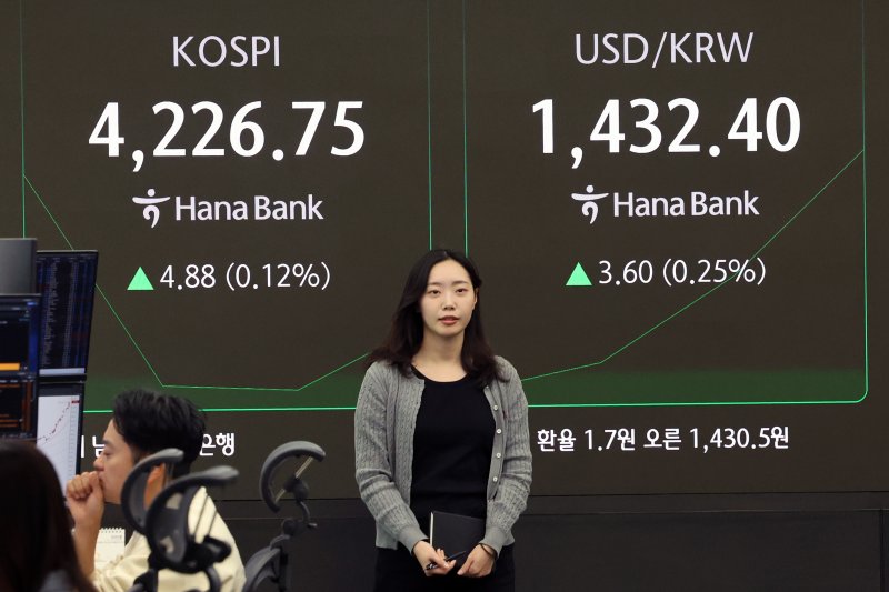 4일 오전 서울 중구 하나은행 딜링룸에 코스피 시황이 표시되고 있다. 이날 코스피는 2.63p(0.06%) 내린 4219.24.로 시작, 코스닥은 0.06p(0.03%) 오른 914.87로 장을 시작했다. 2025.11.4/뉴스1 ⓒ News1 황기선 기자