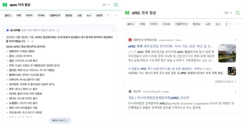 네이버 검색창에 'APEC 각국 정상'을 입력했을 때 미국 대통령 정보가 잘못 표기된 모습(왼쪽)과 시정 후 AI 브리핑 서비스가 제공되지 않는 모습 (AI 브리핑 검색 화면 갈무리)