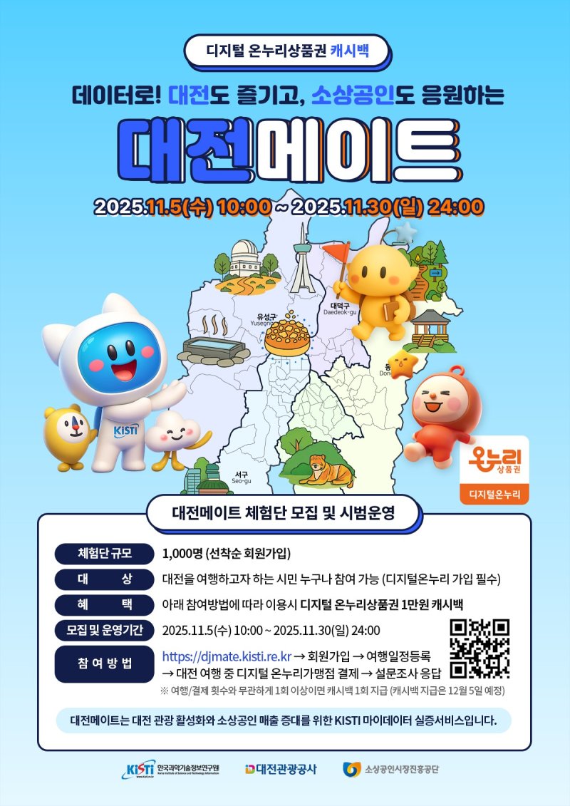 [대전=뉴시스] 대전관광공사는 30일까지 한국과학기술정보원, 소상공인시장진흥공단과 협력해 개발한 마이데이터 기반 개인 맞춤형 관광 추천 서비스인 '대전메이트' 체험단 1000명을 선착순으로 모집, 시범운영에 들어가기로 했다. (사진=대전관광공사 제공) 2025.11.05. photo@newsis.com *재판매 및 DB 금지