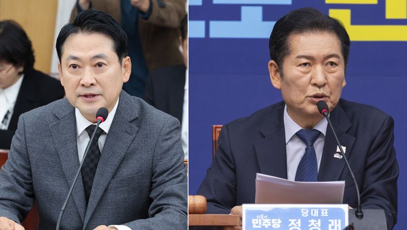 장동혁 국민의힘 대표가 5일 대전시청에서 열린 국민의힘 충청권 지역민생 예산정책협의회에 참석해 발언하고 있다. 오른쪽은 같은 날 더불어민주당 정청래 대표가 국회에서 21대 대선 백서 발간 시연회 직후 열린 최고위원회의에서 말하고 있다. /사진=뉴스1·연합뉴스